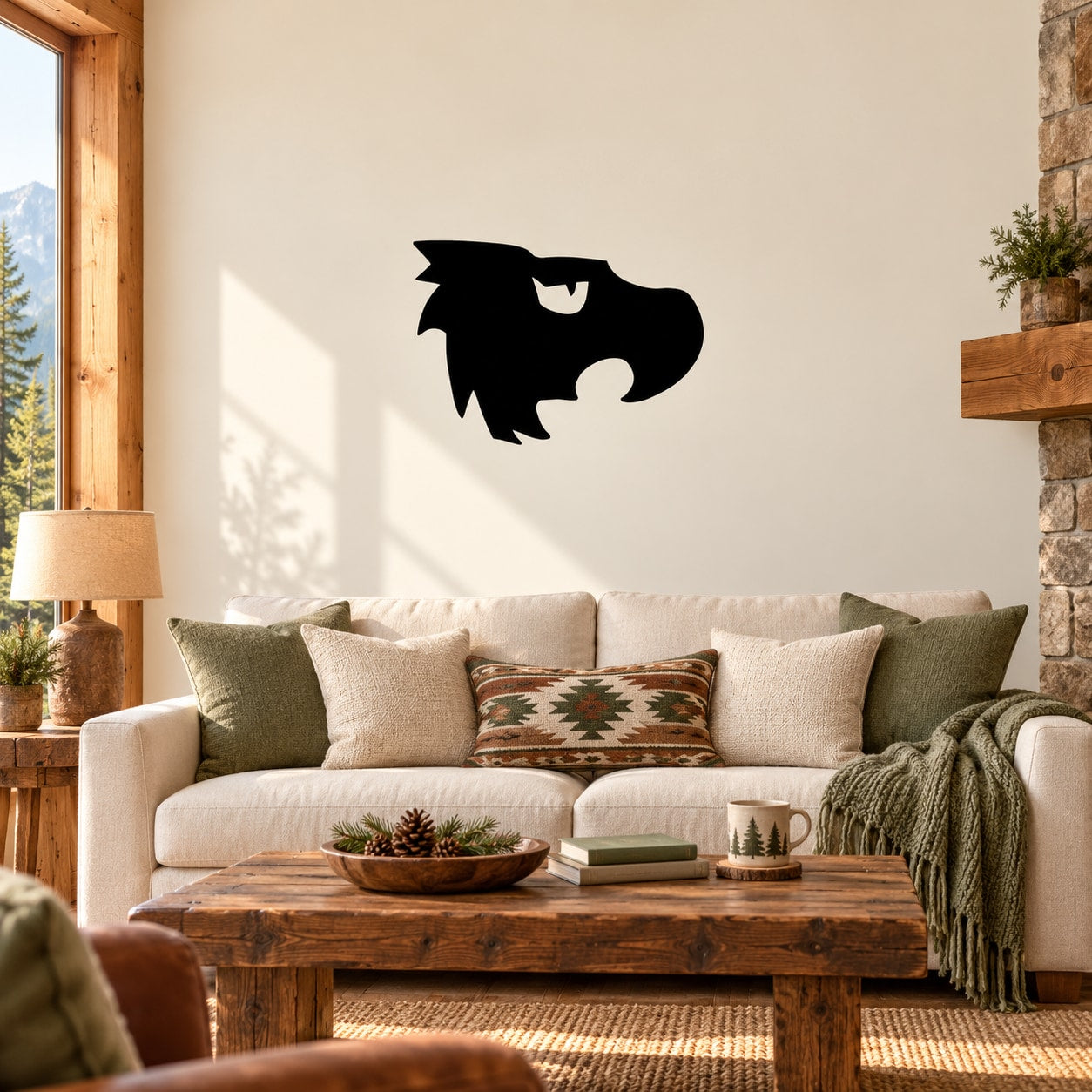 Black eagle head decal sticker with focused eye and beak on a wall