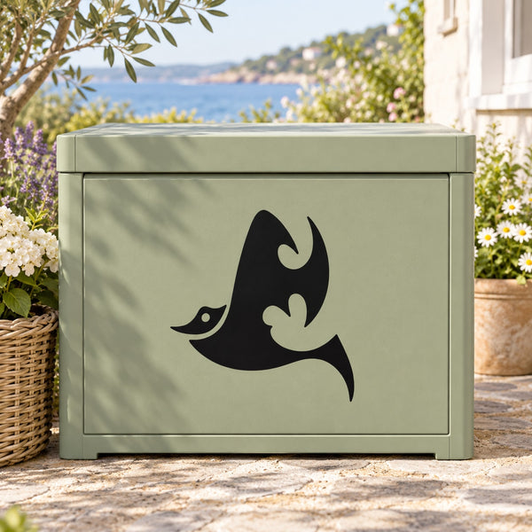 Black bat decal silhouette on green cabinet panel