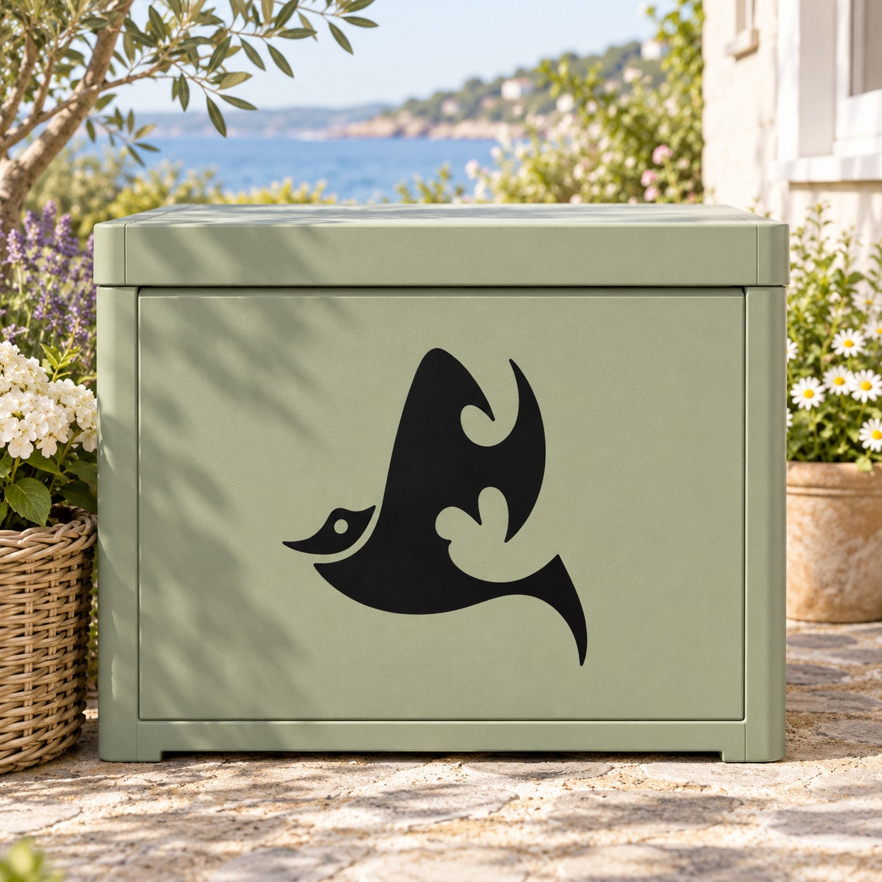 Black bat decal silhouette on green cabinet panel