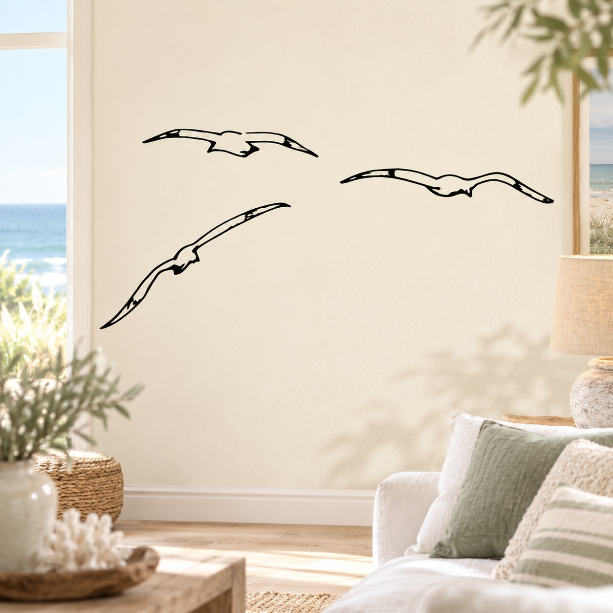 Three seagulls flying wall decal, black line art