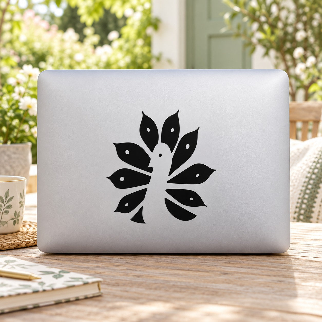Geometric peacock decal with black feather-like fan on light surface