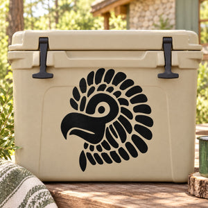 Aztec-style falcon head decal in black with bold circular feather pattern