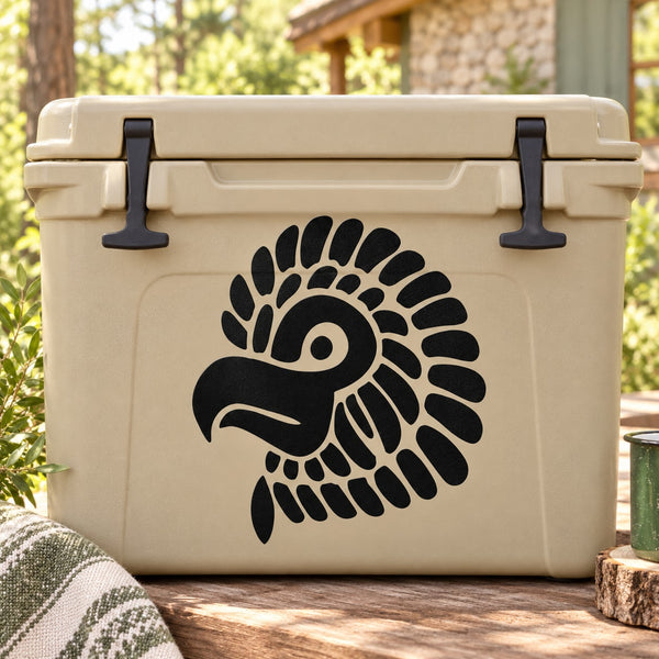 Aztec-style falcon head decal in black with bold circular feather pattern