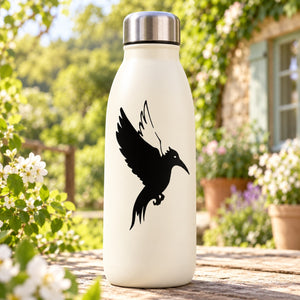 Flying kingfisher bird decal, black silhouette on white bottle