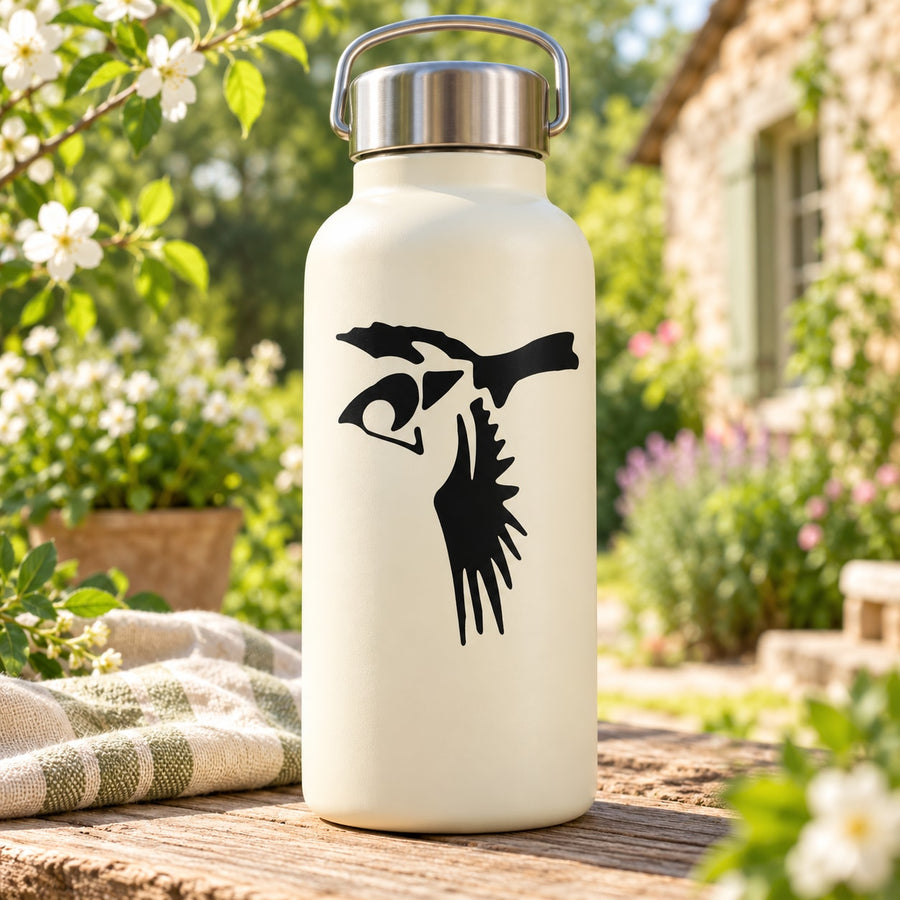 White insulated water bottle with black bird mid-flight decal on front