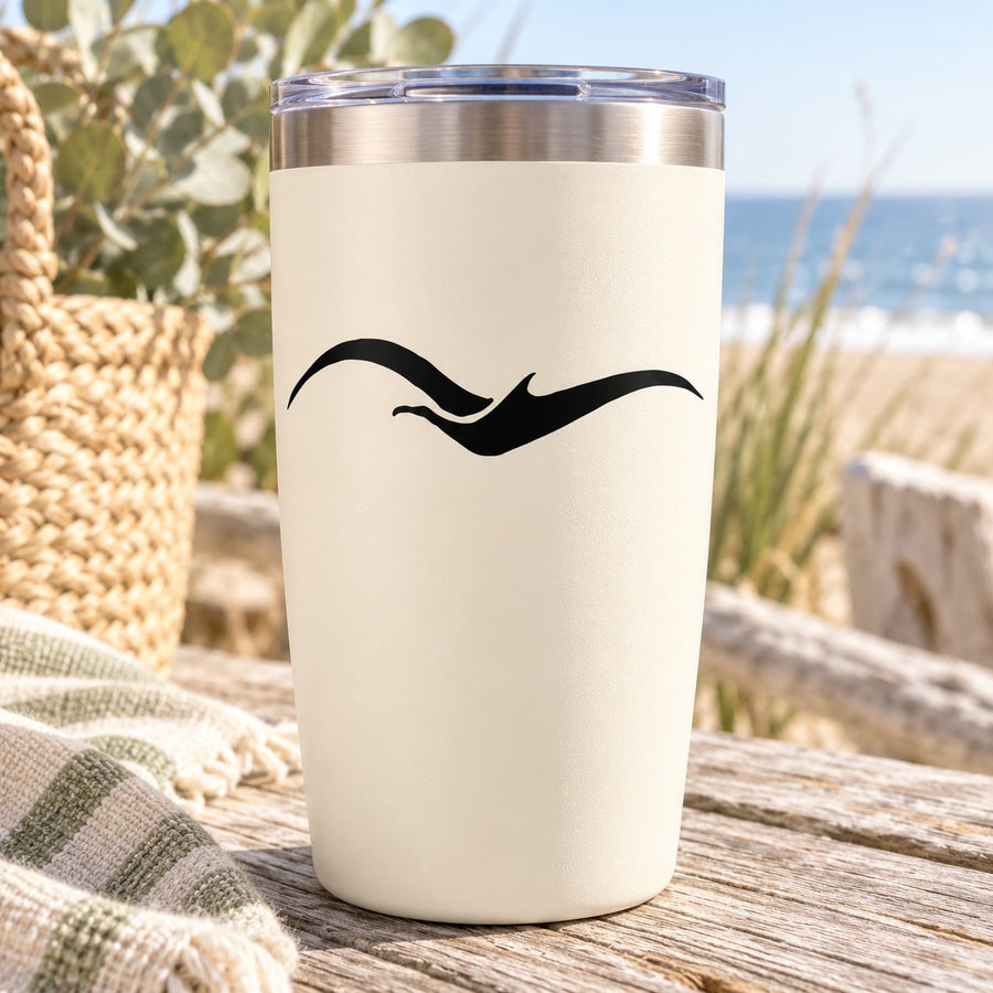 Abstract shore bird decal in black on white tumbler