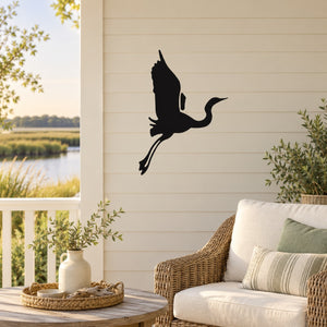 Black whooping crane wall decal with flying bird silhouette, floating design