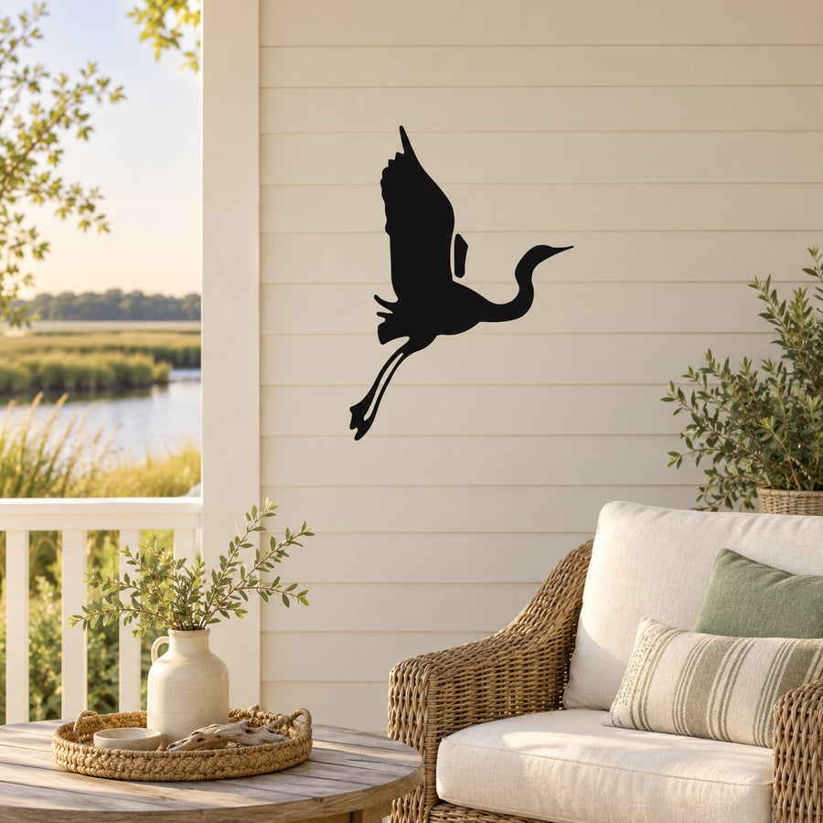 Black whooping crane wall decal with flying bird silhouette, floating design