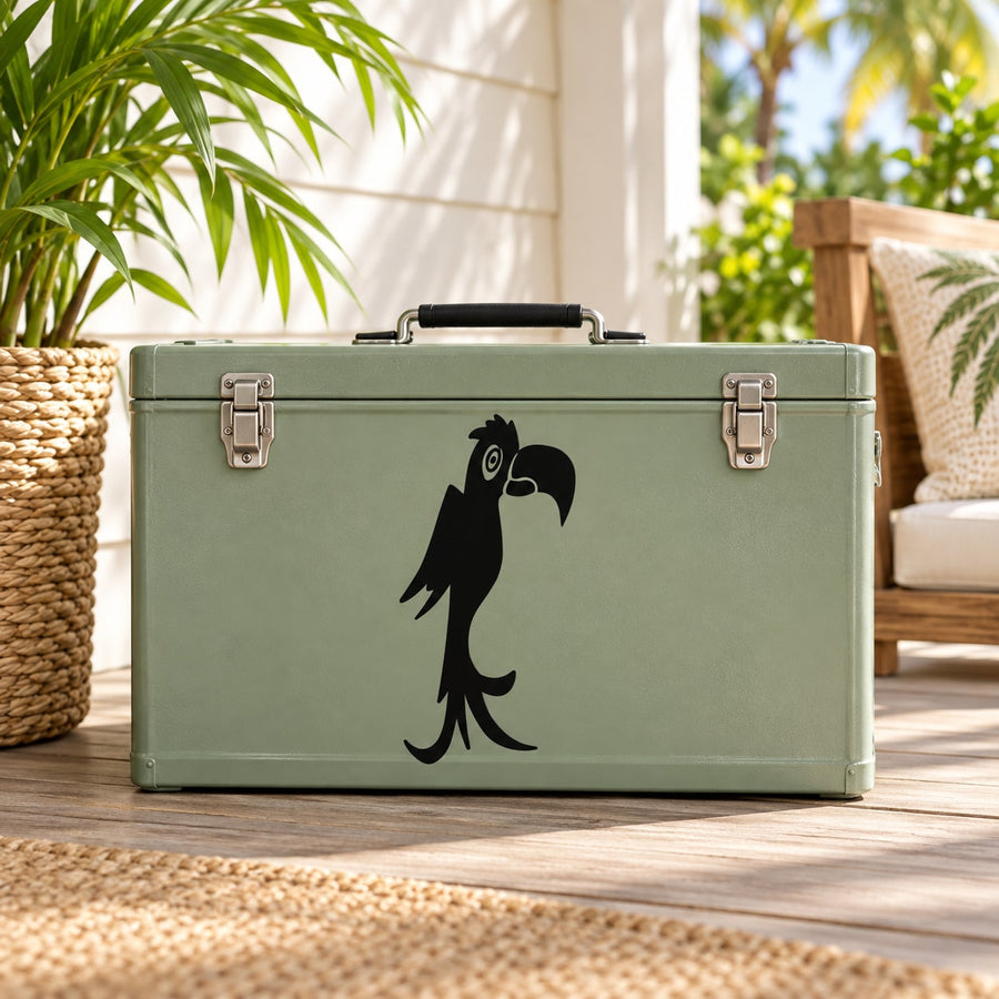 Parrot bird decal on light green suitcase with black silhouette