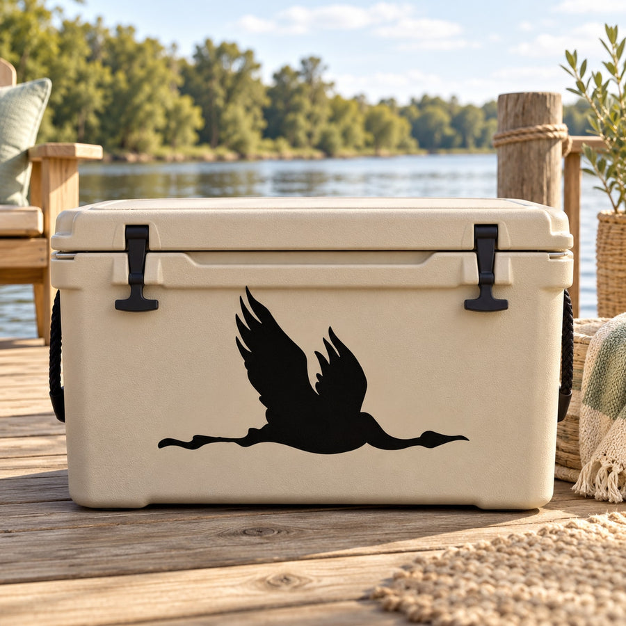 Black stork flying decal on a white cooler lid