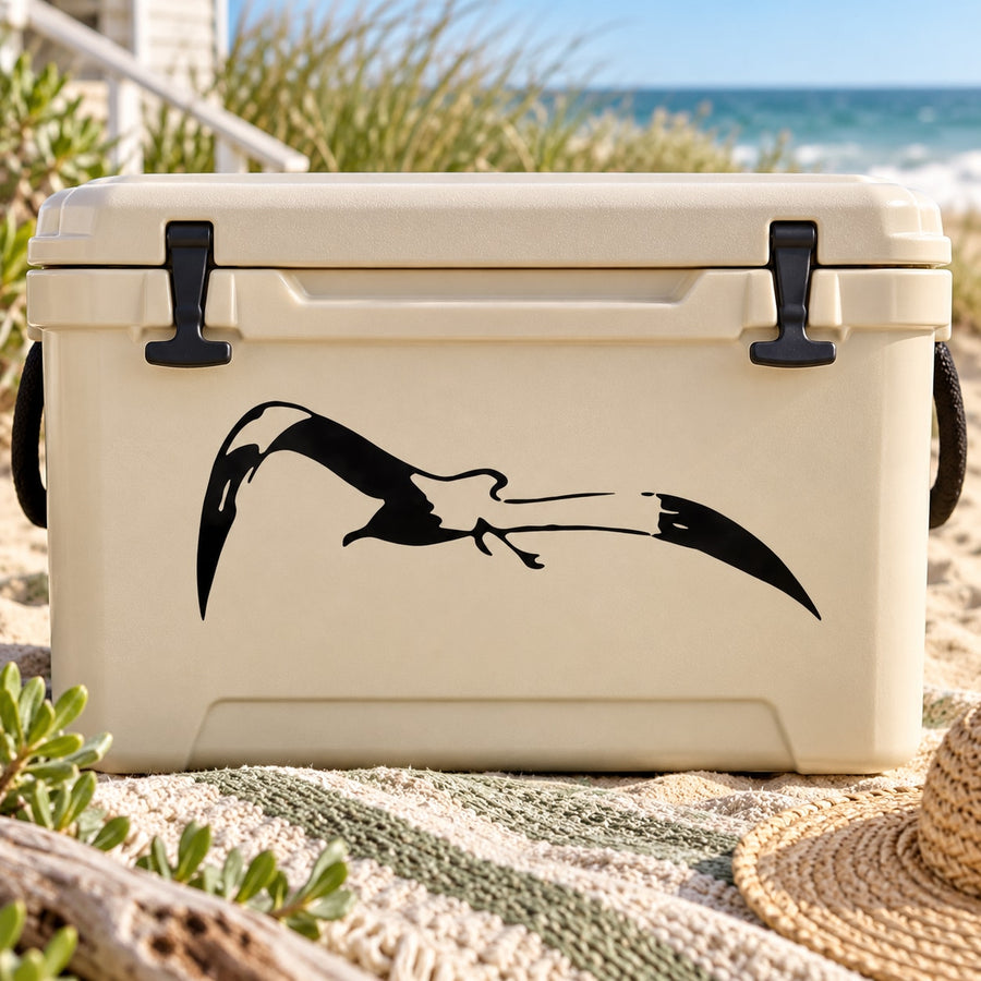 Black seagull curling wings decal on off-white cooler lid