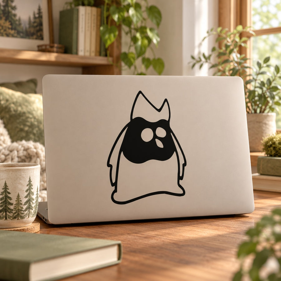 Cartoon owl decal, black standing owl face graphic on light background