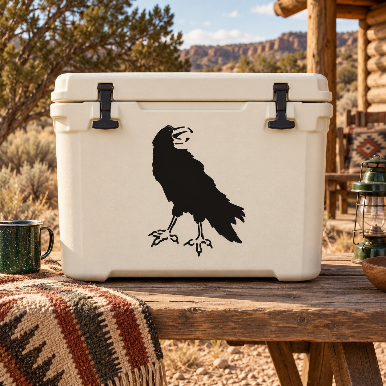 Raven decal sticker with black bird silhouette on a white cooler