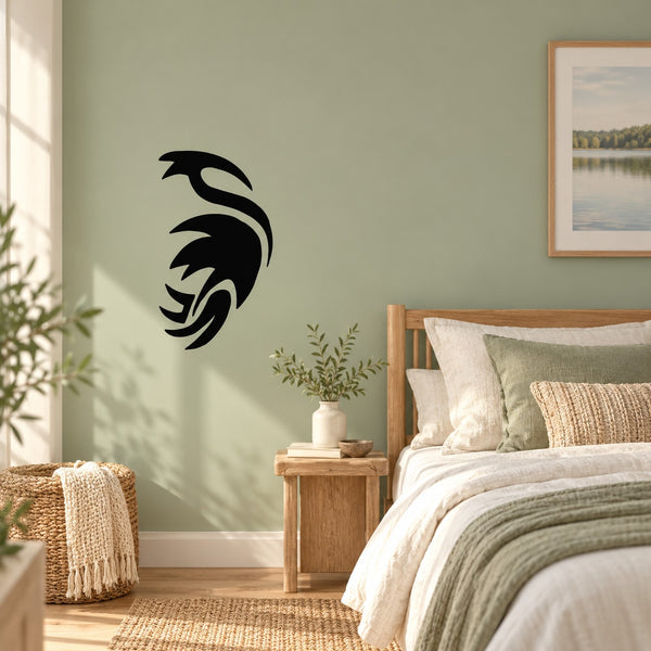 Black tribal swan wall decal with stylized feather shapes