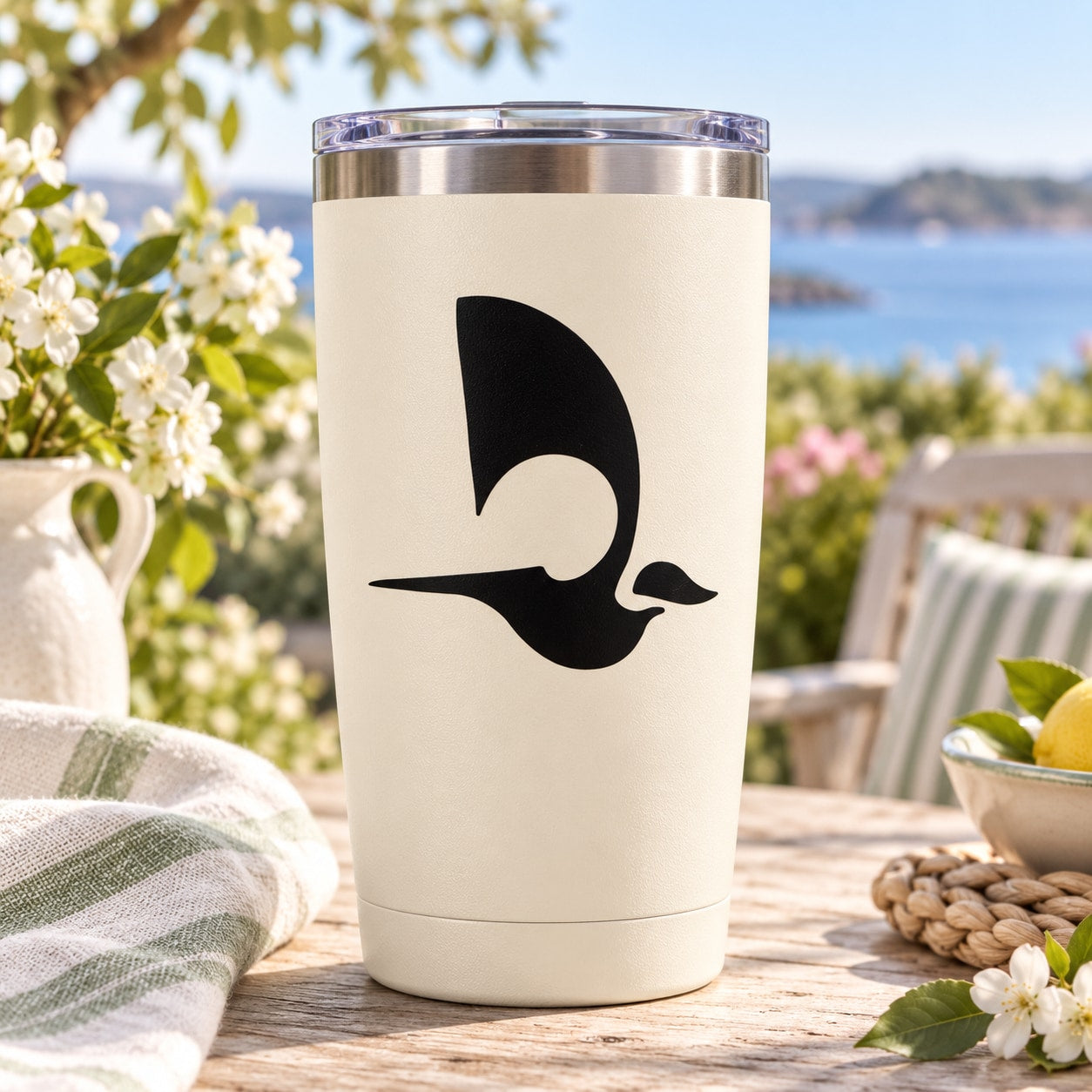 Futuristic bird decal with black abstract bird graphic on a white tumbler