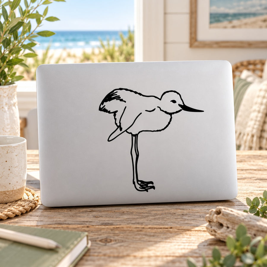 Baby shore bird standing decal with black line-art bird on white backing