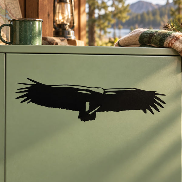Black hawk silhouette decal on pale green surface
