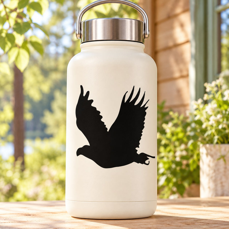 Bird wing silhouette decal on white bottle