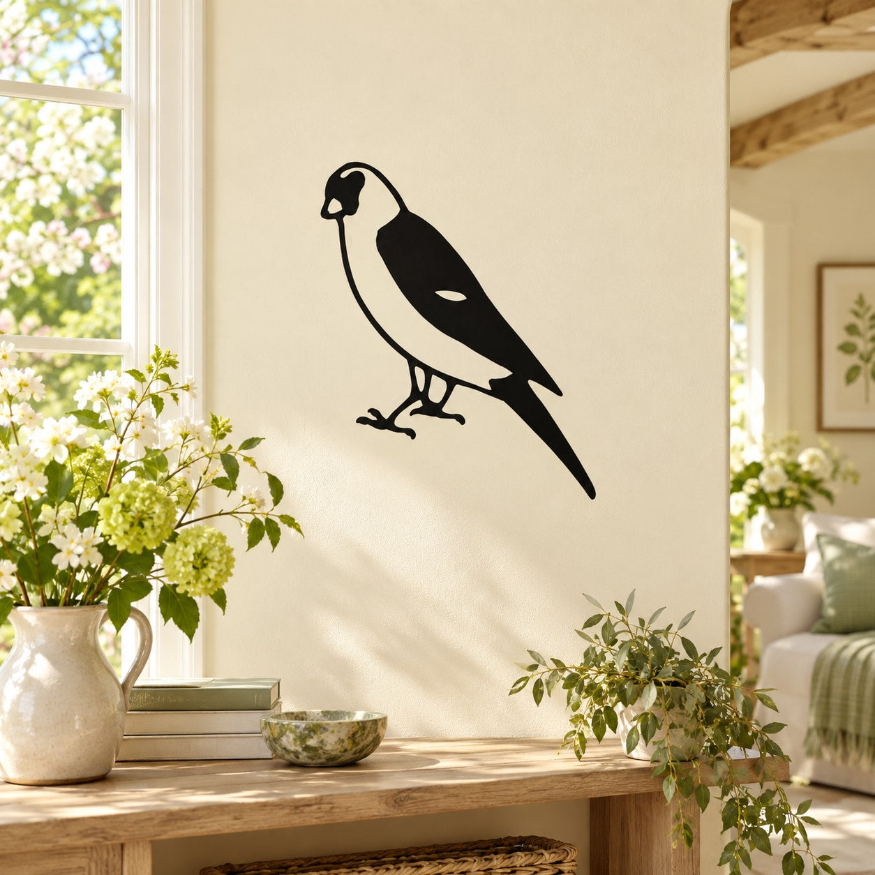 Black and white bird wall decal, single goldfinch silhouette with beak and feet