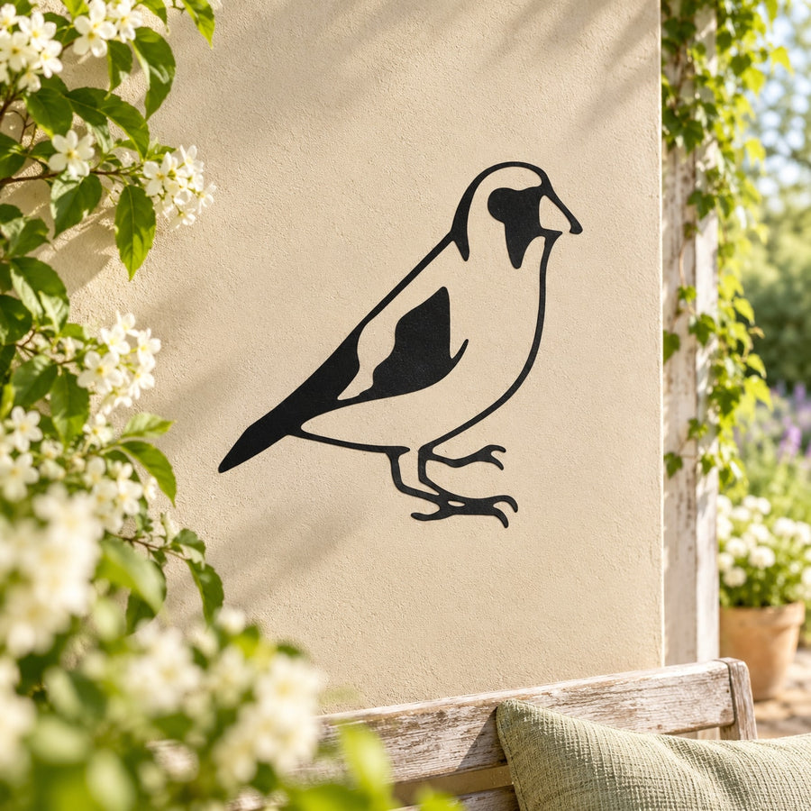 Goldfinch wall decal with black outline of a perched bird