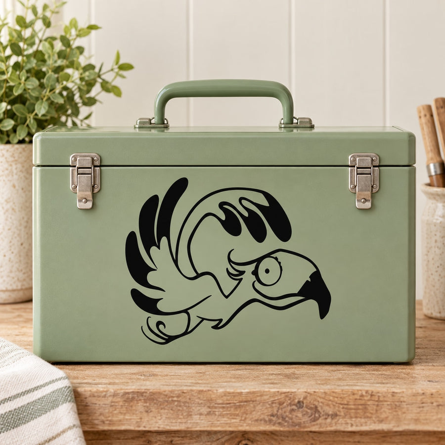 Rectangular green storage case with black cartoon bird decal