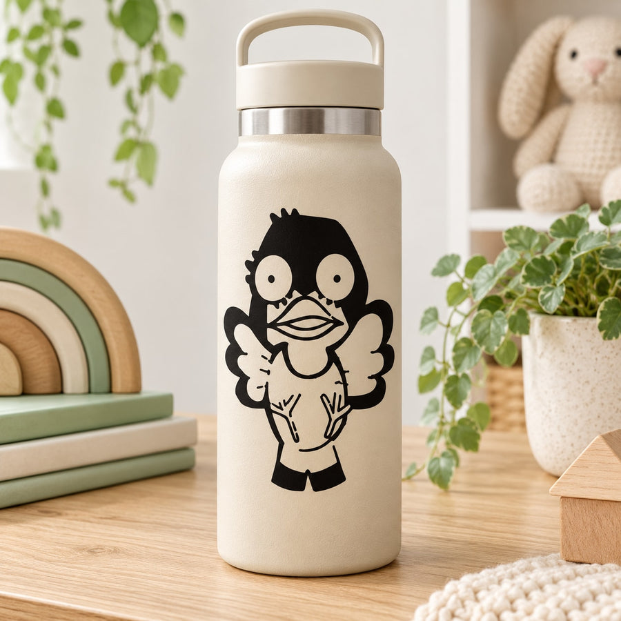 Black cartoon baby bird decal with rounded eyes and beak illustration