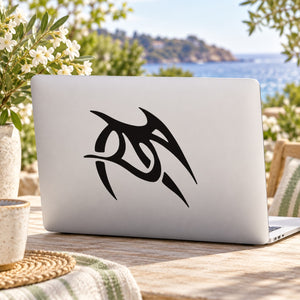 Black swooping abstract bird decal on light gray laptop lid