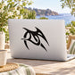 Black swooping abstract bird decal on light gray laptop lid