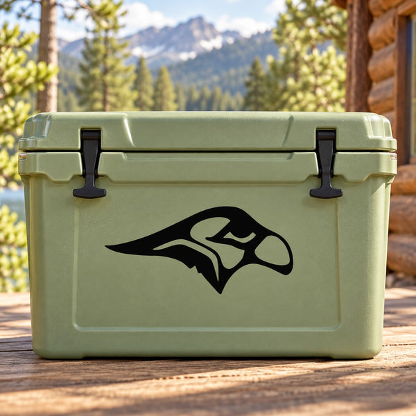 Hawk head decal featuring black hawk logo on light green cooler lid