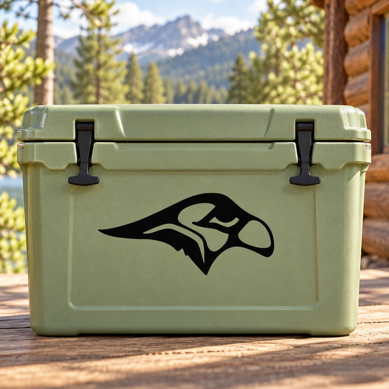 Hawk head decal featuring black hawk logo on light green cooler lid