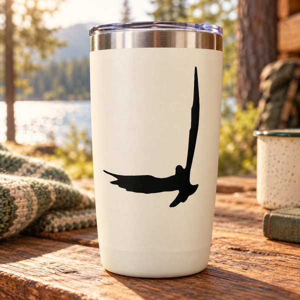 Black flapping hawk decal on white tumbler