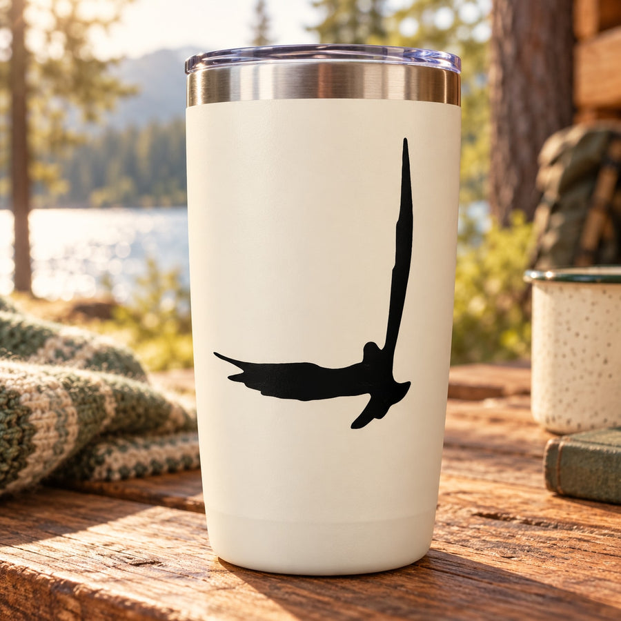 Black flapping hawk decal on white tumbler