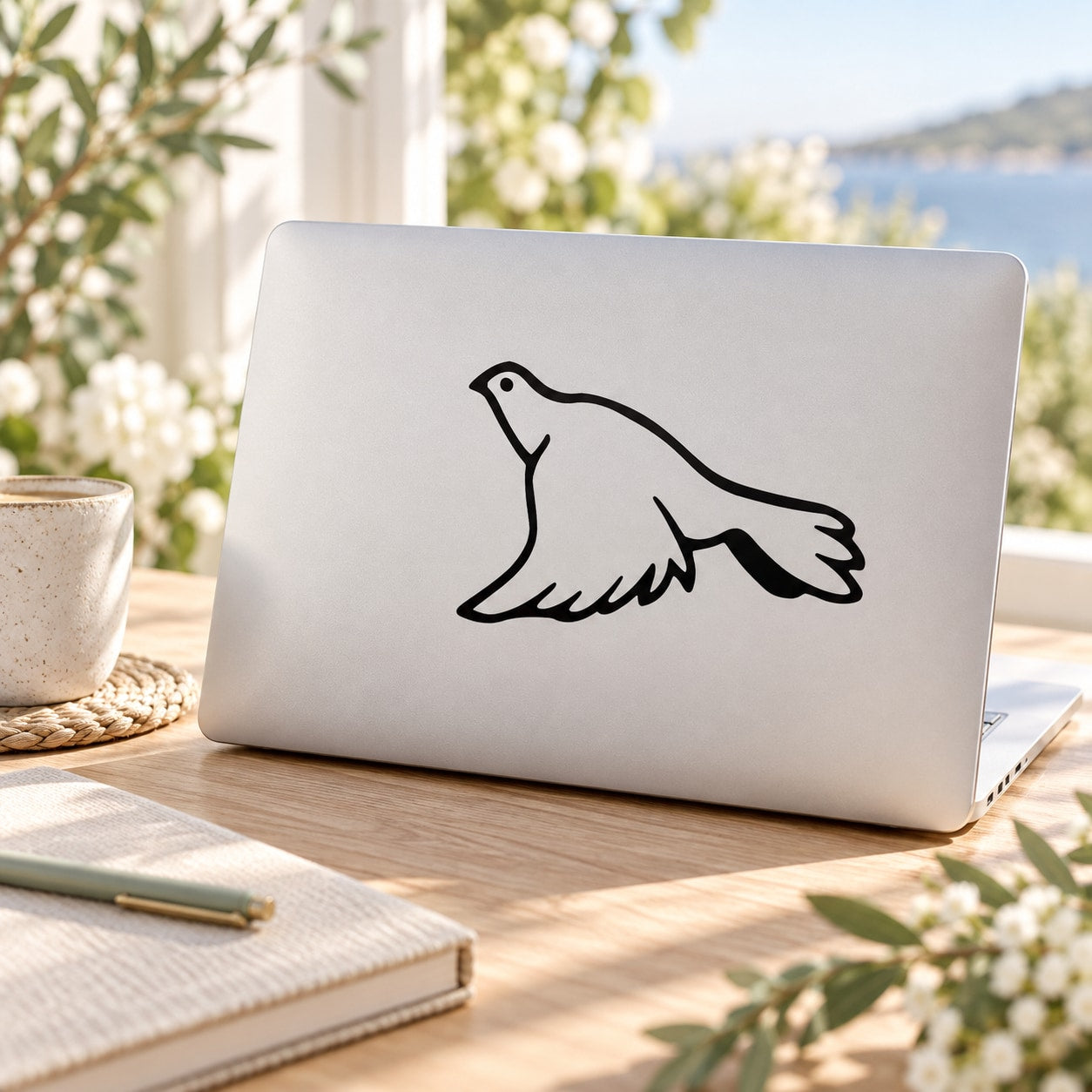 Flying dove decal sticker with black outline, applied to light laptop lid