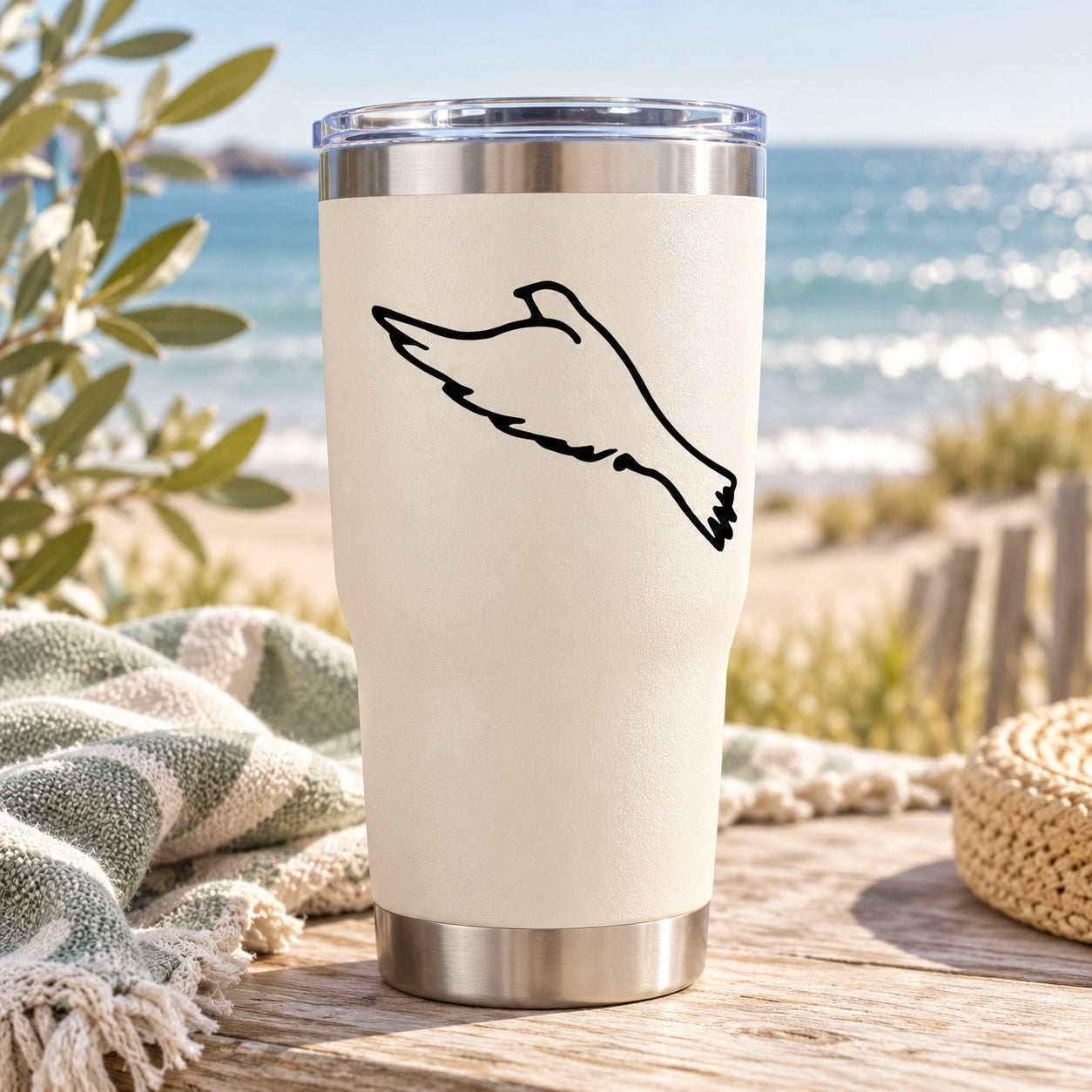 Flapping dove decal with black outline, applied to a white tumbler