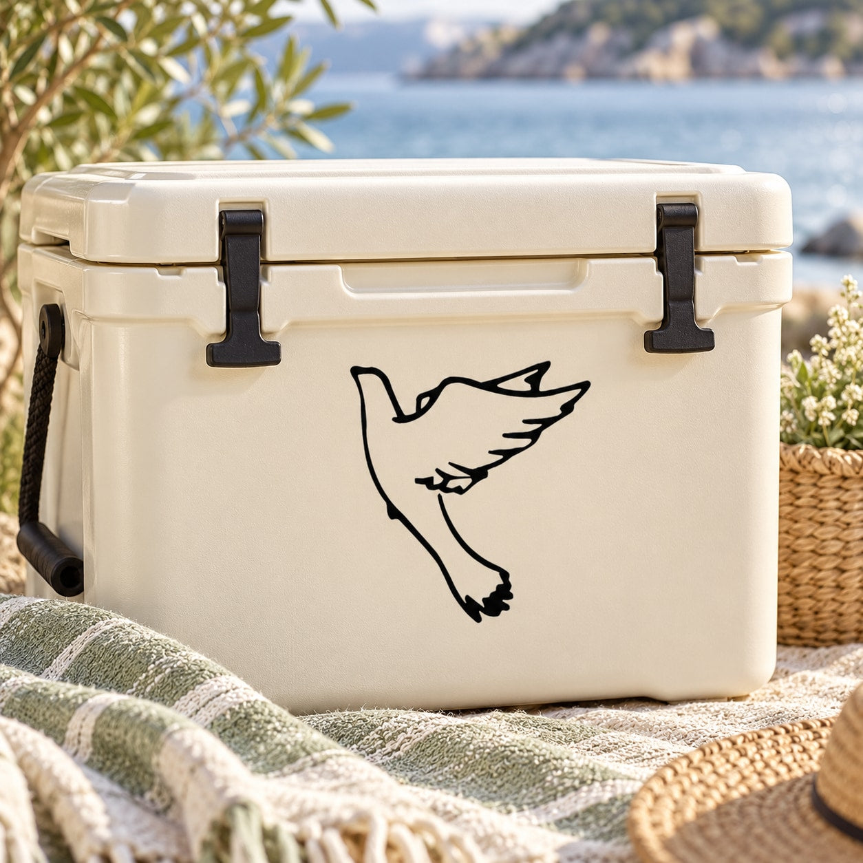 Dove in flight decal with black line-art bird on cream cooler lid front