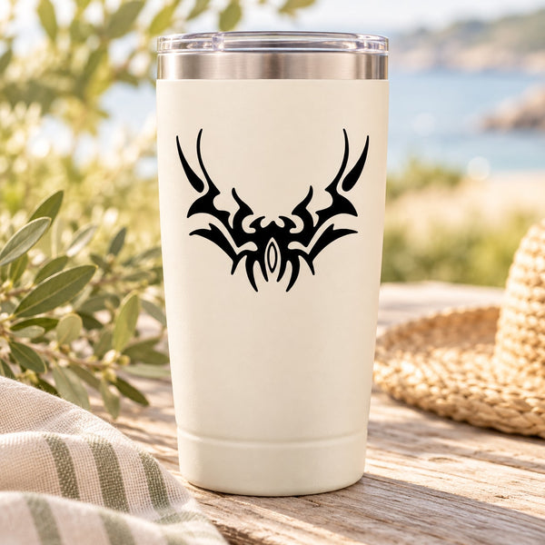 Tribal abstract dove decal in black on a light tumbler
