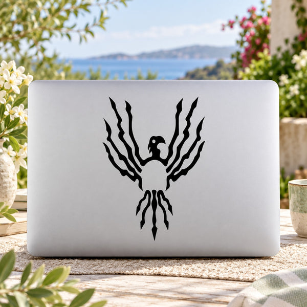Wired bird decal, black silhouette with wing and feather lines
