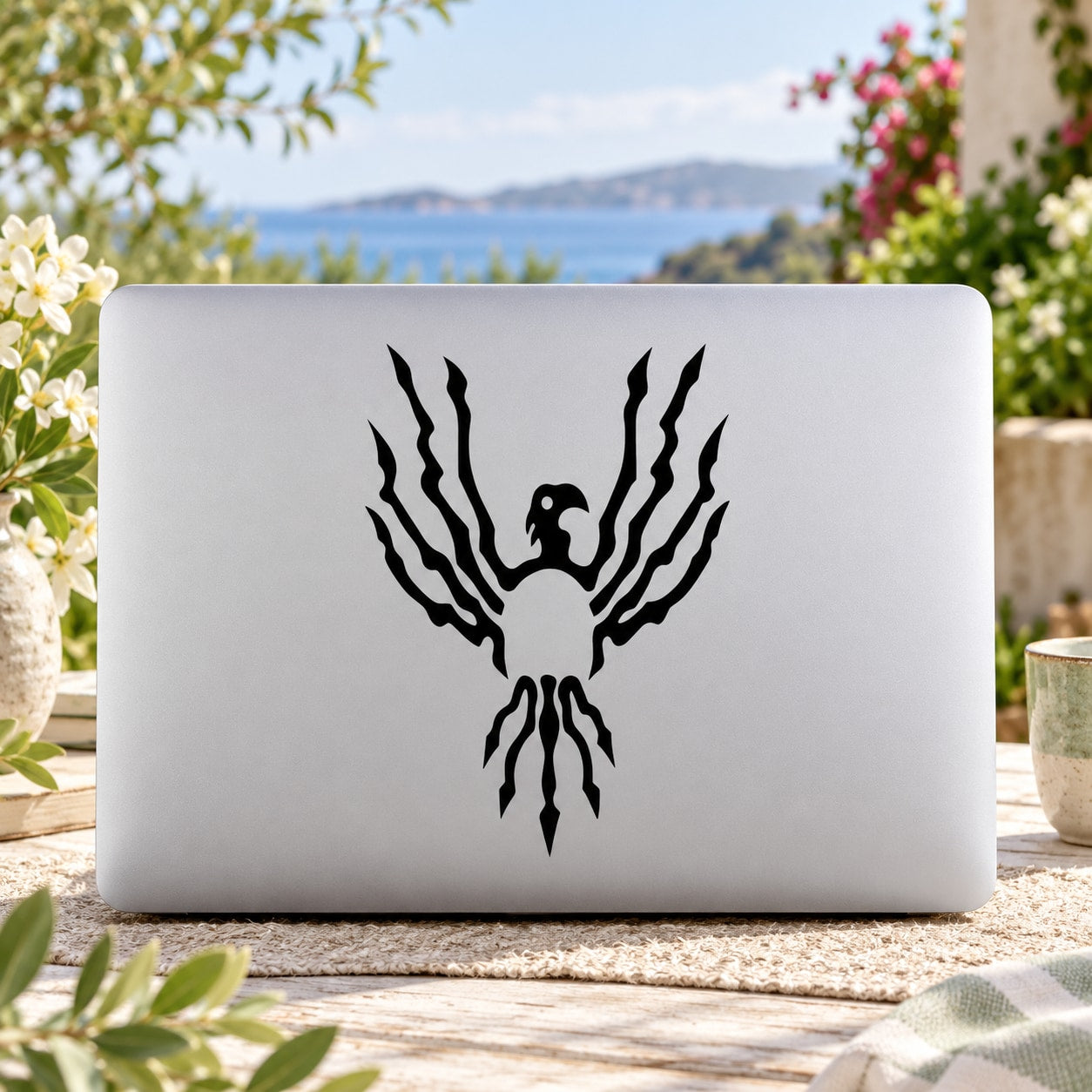 Wired bird decal, black silhouette with wing and feather lines