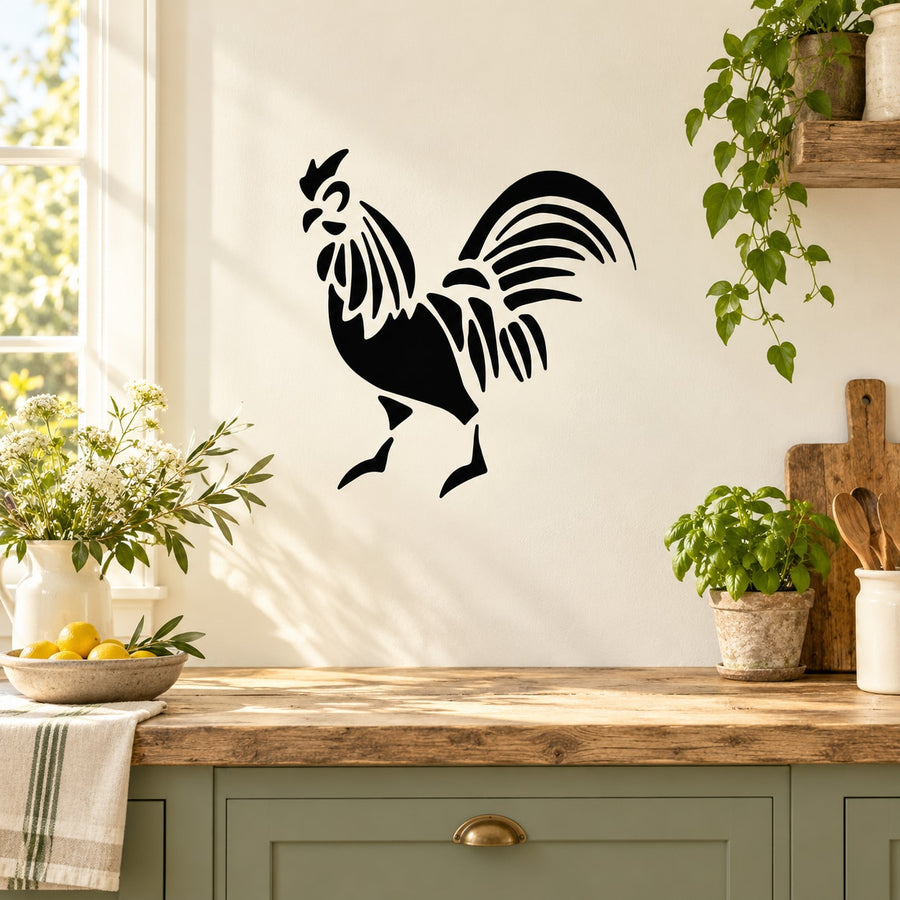Black chicken silhouette wall decal with carved detailing