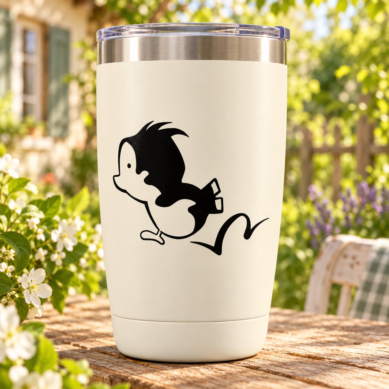 Hopping bird silhouette decal in black on white tumbler