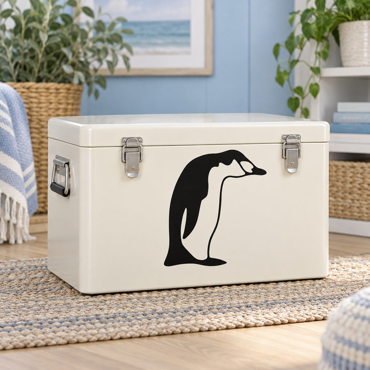 Stooping penguin decal, black penguin silhouette on a light storage box front