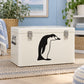 Stooping penguin decal, black penguin silhouette on a light storage box front