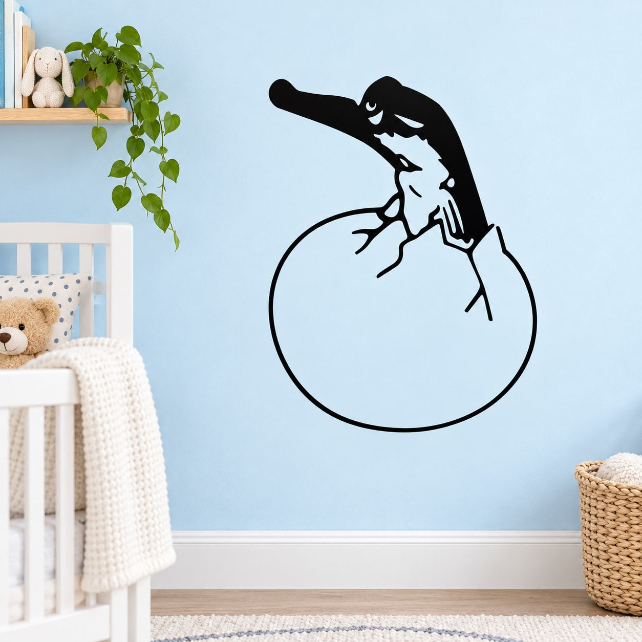 Alligator hatching from egg wall decal, black outline on light background