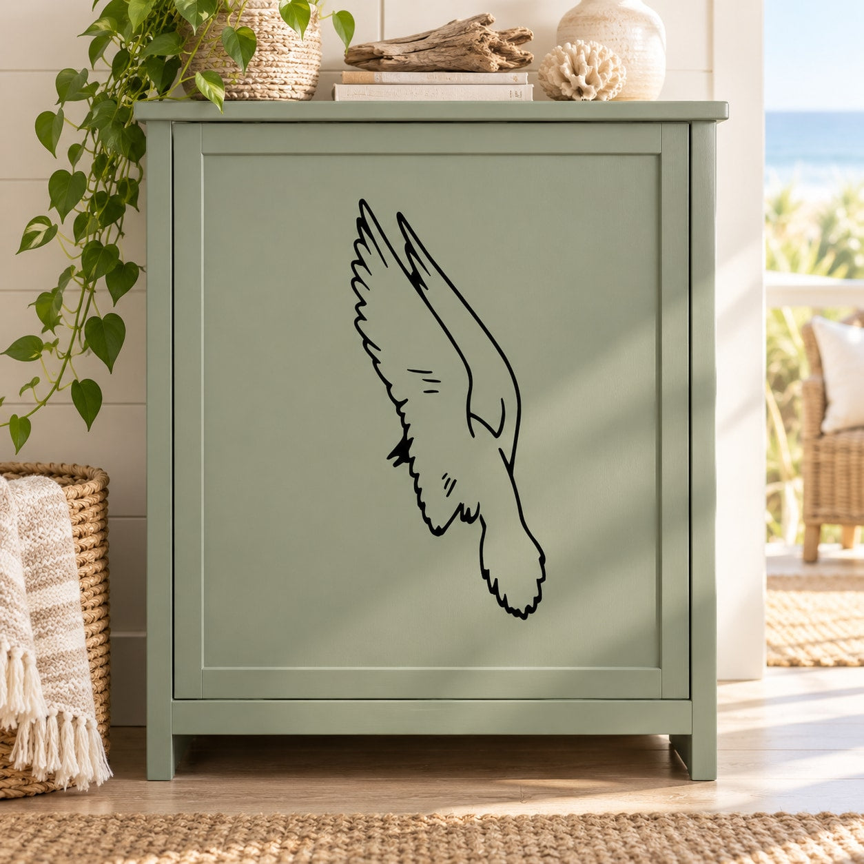 Flapping wing shore bird wall decal with black outline
