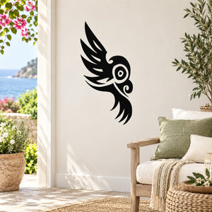 Black tribal owl wall decal with circular eye detail, vinyl sticker for indoor walls