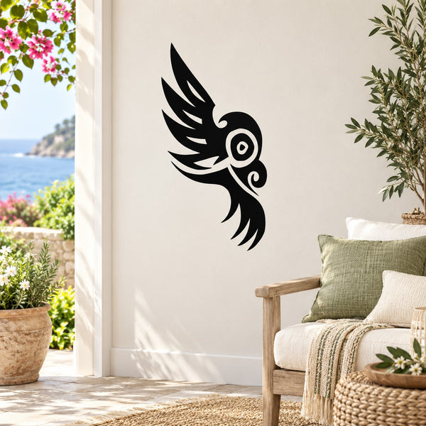 Black tribal owl wall decal with circular eye detail, vinyl sticker for indoor walls