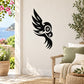 Black tribal owl wall decal with circular eye detail, vinyl sticker for indoor walls