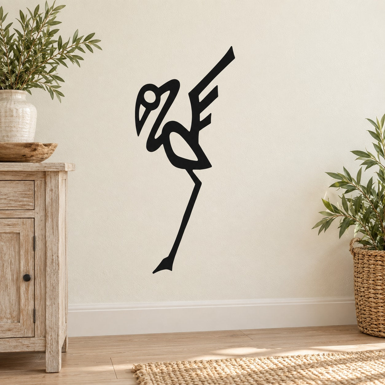 Abstract heron wall decal in black with stylized long legs and beak