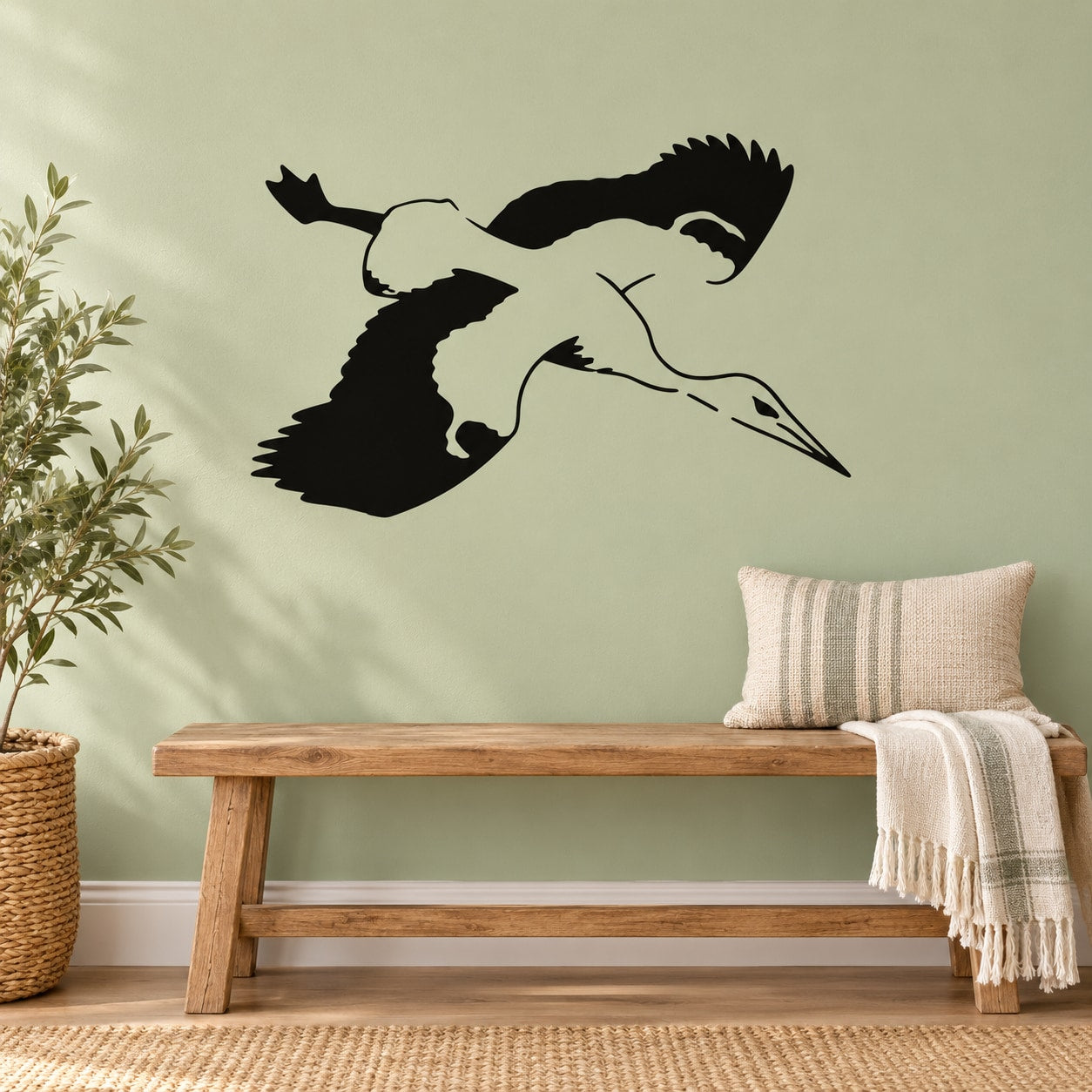 Flying heron wall decal with black and white bird silhouette
