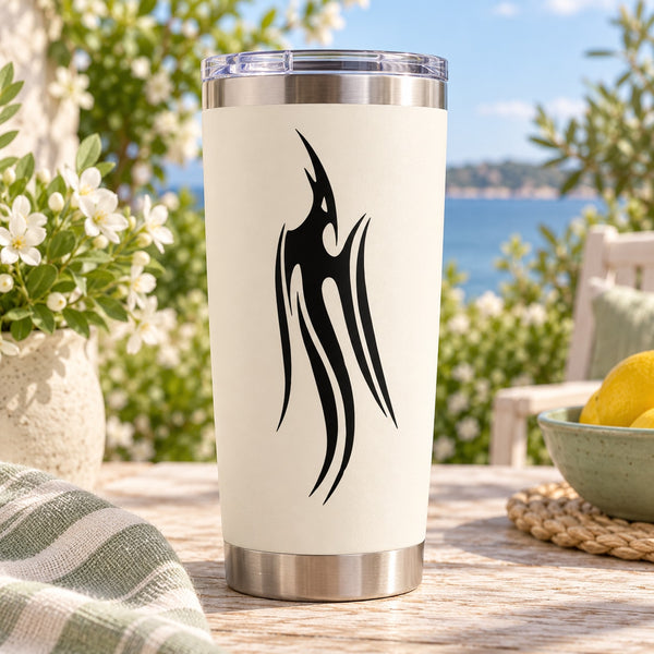 Stainless steel tumbler with black tribal phoenix decal on front